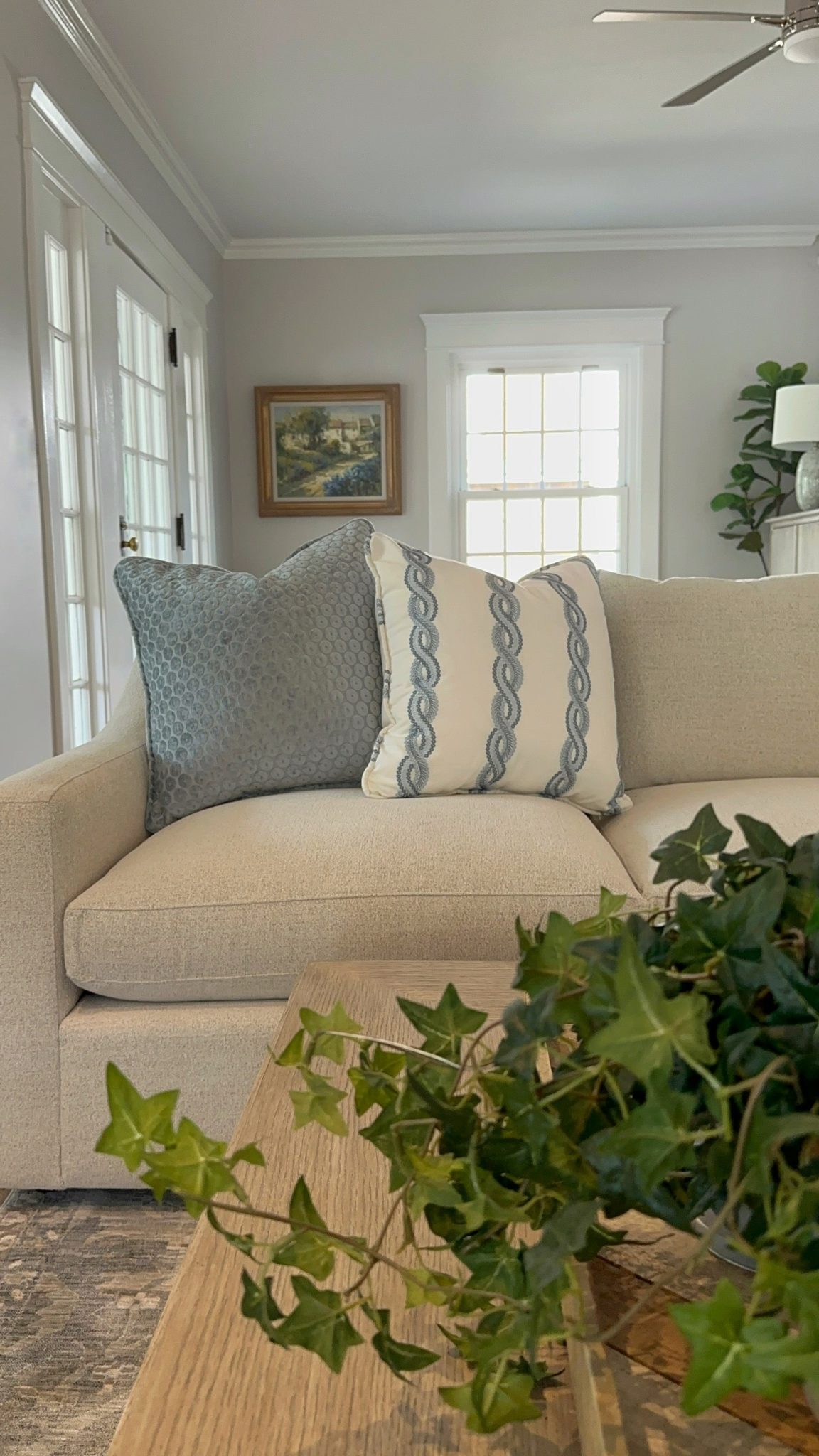 An interior design featuring a white couch and a potted plant.